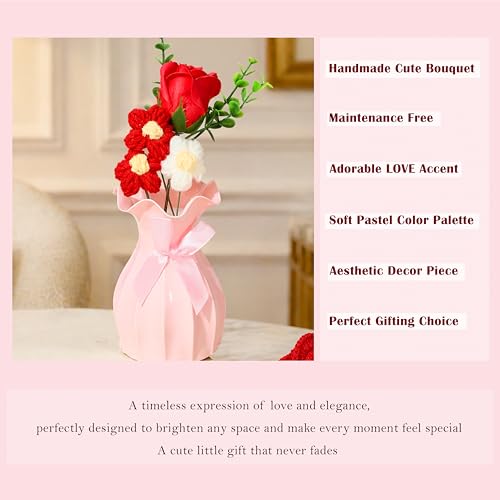 Image of Art Street Handmade Crochet Flower Vase with Artificial Rose | Red & White Knitted Flowers with Green Leaves | Decorative Pink Vase with Ribbon for Home Decor, Birthday, Anniversary