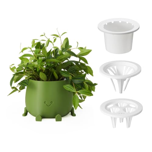 Image of 5.2 Inch Hydroponic Happy Face Planter with 3 Interchangeable Grow Baskets, Water Culture Pot for Pothos, Lucky Bamboo & Plant Propagation, Decorative Desktop Planter for Home & Office, Dark Green