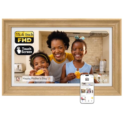 Image of NexFoto 15.6'' Touchscreen Digital Picture Frame, 64GB Wood Electronic Picture Frame, FHD WiFi Digital Photo Frame, Add Photos from Google Photos, Share Videos, for Mom, Christmas /Birthday, Wood
