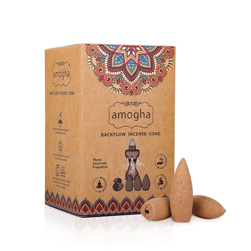 Image of Amogha Backflow Incense Cones | Pack of 40 | Long-Lasting Aromatic Cones for Meditation, Relaxation & Rejuvenation | 3 Fragrances | Stress Relief & Air Purification | Home & Office Use.