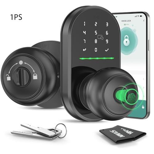 Keypad Smart Door Lock with Knob, Keyless Entry Door Lock, Fingerprint Door Knob for Front Door, Electronic Code, App Remote Control, Easy Installation, Auto Lock,deep Black