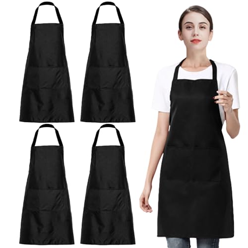 EUPSIIU 4 Pcs Kitchen Apron, Adjustable Bib Chef Aprons with 2 Pockets Cooking Apron Unisex Women Men Aprons for Home Kitchen, Restaurant, Coffee House, Baking Gardening BBQ, Painting, 60*70cm (Black)