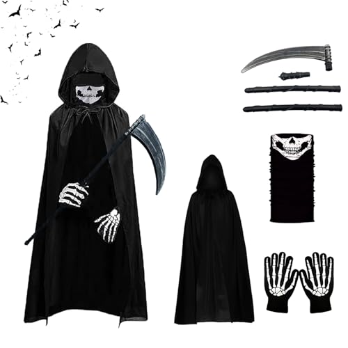 XILEPINGAN Disfraz de la Muerte, Disfraz de Halloween Parca con Capa, Máscara, Guantes y Hoz, Disfraz Parca Halloween Niños y Adultos, Disfraz Carnaval Muerte Temático (Niño-B)