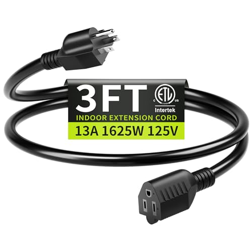 16/3 3FT 13A 125V 1625W, Black Indoor Extension Cord, Short Extension Cord for Laptops, Coffee Makers, Office Home Appliances, 3 Prong Small Resistant Cable Flexible, ETL Listed