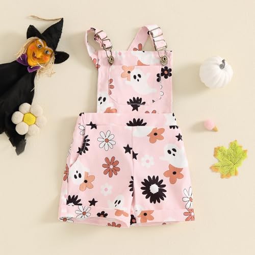 Adobabirl Toddler Baby Girl Halloween Outfit Ghost Pumpkin Overalls Romper Suspender Shorts Jumpsuit Cute Fall Clothes2