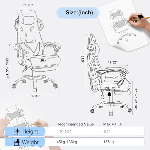 GTPLAYER Gaming Chair, Computer Chair with Mesh Back, Ergonomic Game Chair with Footrest, Reclining Game Chair with Adjustable Headrest and Lumbar Support for Gaming and Office (White) - Image 3