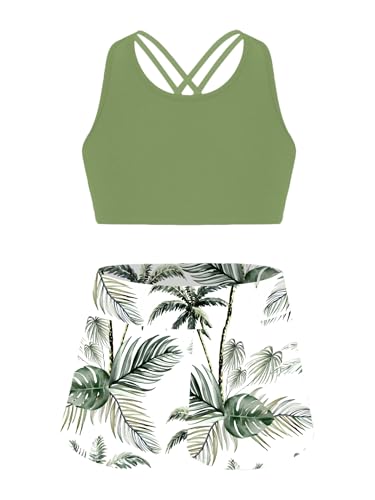 Girls Kids Gymnastics/Ballet/Dance/Sports/Swim 2 Pieces Racer Back Crop Top with Booty Shorts Outfit