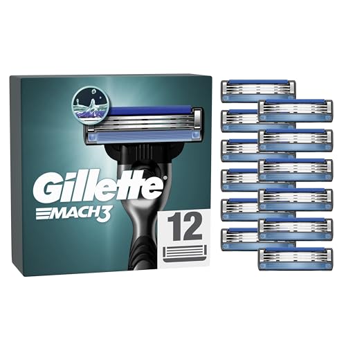 Gillette Mach3 Pack de 12 Recambios Para Maquinillas De Afeitar Para Hombre, Cuchillas de Afeitar Con 3 Hojas y Banda De Gel Lubricante, Compatible Con Todos Los Mangos Mach3