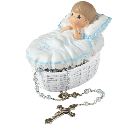 Precious Moments Baptism Gift Boys Resin Rosary Box with Hand-Painted Details Perfect Keepsake 153409