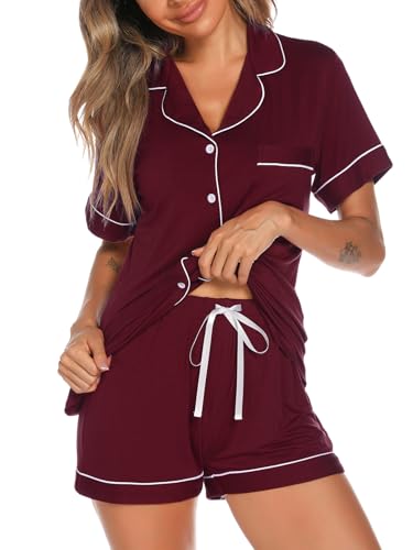 Image of Aamikast Button Up Pajama Set for Women Shorts Short Sleeve Knit Sleepwear 2 Pice Pjs Sets