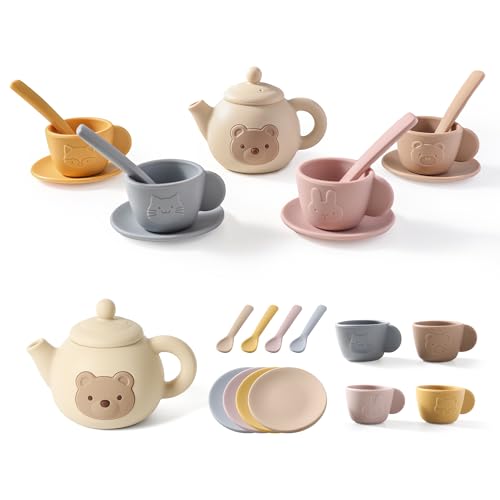Tea Party Set for Little Girls 1-3 Kids Tea Set 14 Pcs with Silicone Teapot Cups Coasters Carrying Scoop, Kitchen Accessories Pretend Play for Girls Boys Age 3 4 5