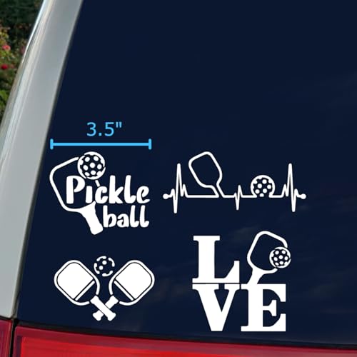 Image of Pickleball Decals 4 Pack: Pickle Ball, Pickleball Heartbeat, Paddles and Pickleball, Love Pickleball Decals (White, Small ~3.5 inch)