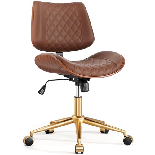 Image of Armless Office Chair with Back, Mid Century Modern Small Desk Chair, No Arms Leather Computer Chair for Home Office, Swivel Vanity Chair, Rolling, Adjustable Height (Dark Brown)