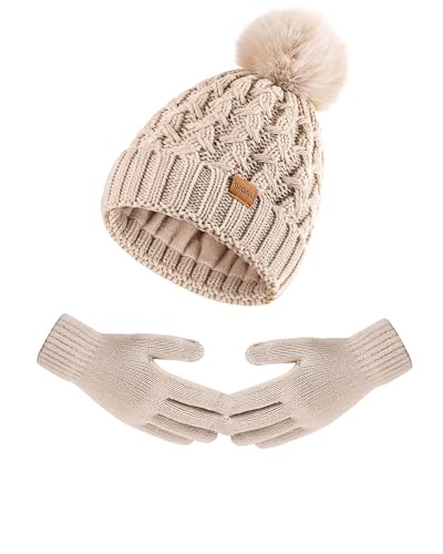 Women Winter Beanie Hat Gloves Set Pom Hat with Warm Fleece Lined Long Knit Scarf Touchscreen Gloves for Cold Weather