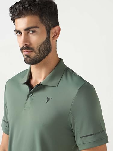 Image of TECHNOSPORT Men's Solid Slim Fit Polo Collar T-Shirt TECHNOCOOL+ Half Sleeve Button Polyester for Gym Running Workout UPF50+ Anti Odour