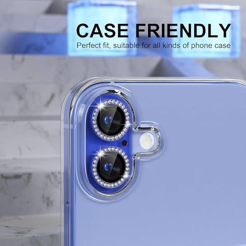 Image of Diamond Camera Lens Protector for iPhone 16 & iPhone 16 Plus Blue HD Clear 9H Hard Tempered Glass Camera Cover Waterproof Easy Install Full Camera Protection Anti Drop Case Friendly Luxury Shiny Diamond Design