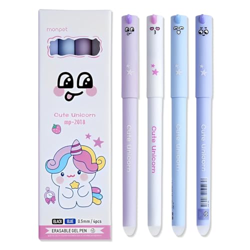 Kumsode Set De 4 Bolígrafos De Gel Borrable, Unicornios Para Quitar La Tinta Azul, Diámetro De La Punta 0,5 Mm