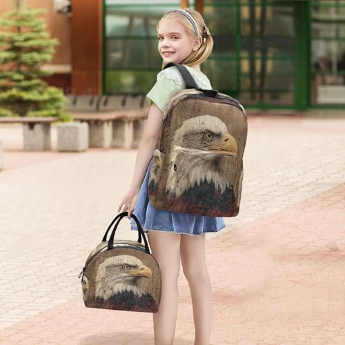 MCHIVER Wooden Brown Hawk School Backpacks for Boys & Girls Light Weight Bookbag set with Lunch Box Rucksacks for Nursery Travel 2 Pcs 16.5 Inch2