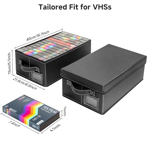 yoyobubu VHS Storage Box Set – 2-Pack Faux Leather Cassette Tape Storage Bins – Holds 14 Clamshell Tapes Each – Stackable Vintage Media Organizer-Black