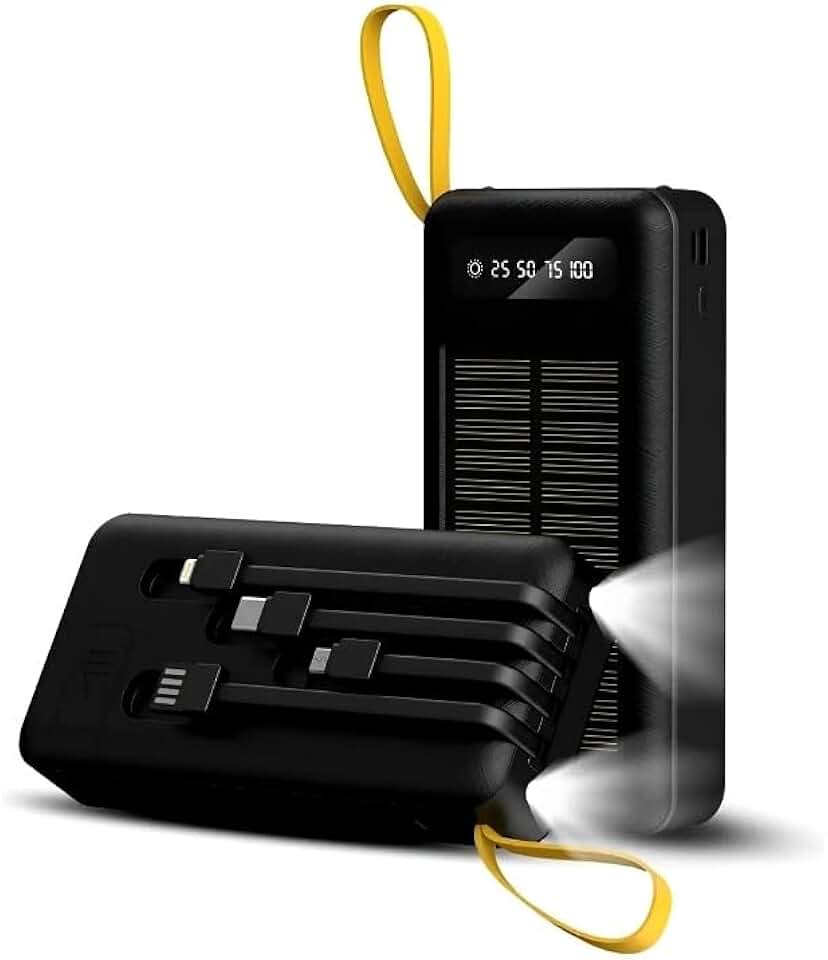 Power Bank - Carregamento Solar - 20.000mAh (74Wh) 5 em 1 com Cabos Integrados (USB-C/Micro USB/iOS), Entrada USB-C + Micro + Solar, Lanterna LED, Homologado Anatel – PREMIUM