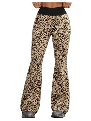 MakeMeChic Women's Leopard Print High Waisted Bell Bottom Flare Pants Y2K Trousers