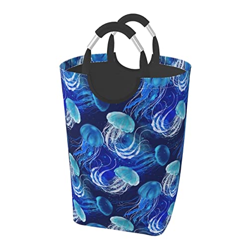 たくさんの青いクラゲ ランドリーバスケット ランドリーかご 洗濯ボックス 収納ボックス 収納バッグ 袋 おしゃれなインテリア雑貨 防水取っ手付き 折りたたみ 大容量 幅32×高さ58(cm)