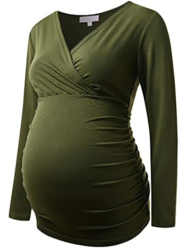 Maternity Top Long Sleeve Crossover Wrapped Breastfeeding Nursing Shirt Olive Green M