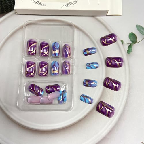 Tyuimhx Blue Purple Gradient Press on Nails Short Square Fake Nails Ombre False Nails With Gold Line Designs Glossy Full Cover Stick on Nails Acrylic Artificial Nails for Women Girls 24Pcs