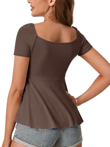 Image of Rooscier Women's Ribbed Knit Sweetheart Neck Tops Cute Drawstring Ruffle Short Sleeve T Shirts