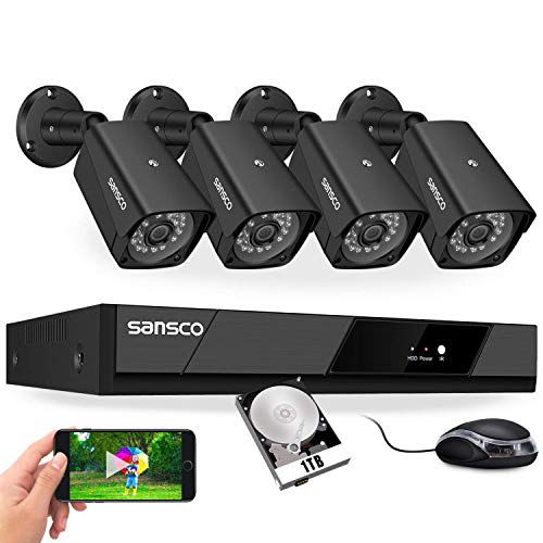 [POE Video & Audio Recording] SANSCO 1080P PoE CCTV Security Camera System with 1TB Hard Drive, 4CH 5MP NVR with (4) 2MP Outdoor Bullet IP Cameras (1080x1920, Built-in Microphone, 24/7 Continuous/Motion Recording, Smarter AI Movement Detection Less Fault Alarm, Instant Email/Push Notification)