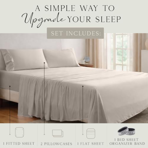 Image of KARISSA MAE Luxury Bamboo Viscose Full Size Sheet Set | FSC Certified | Cooling | Ultra Soft | 18 inch Deep Pockets | Elastic Corner Straps | Includes Organizer Band [Dune]