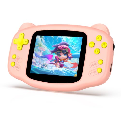 Image of Portable 16 Bit Handheld Game Console for Kids, Retro Gaming Console with 300 Classic Video Games, Handheld Plug & Play Player with 3.2'' IPS Screen, Rechargeable Travel Gift for Boys & Girls (Pink)