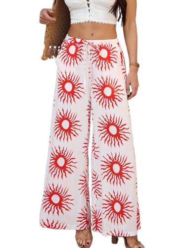 Baggy Boho Floral Pants for Women Trendy Elastic Waist Vacation Travel Flowy Beach Wide Leg Pants