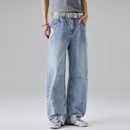 Men's Retro Style Wide Leg Jeans, Light Blue Denim, High Waist, Distressed, American Fashion, Casual Street Wear (US, Alpha, X-Small, Regular, Regular)4