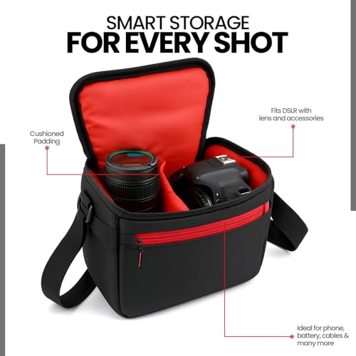 Image of Favria Camera Bag for DSLR & Mirrorless - Fits Nikon, Canon, Sony - Camera Bag for Travel - Shockproof Sling Case for Lens - Water-Resistant Compact Photography Bag (Black Red)