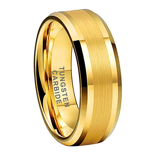 TUTISS 8mm Gold Tungsten Rings for Men Women Fashion Engagement Wedding Bands Matte Polished Finish Beveled Edges Comfort Fit Size 13