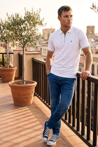 Image of Louis Philippe Men's Slim Fit Zipper Polo T-Shirt in 100% Cotton Pique Fabric for Casual Wear