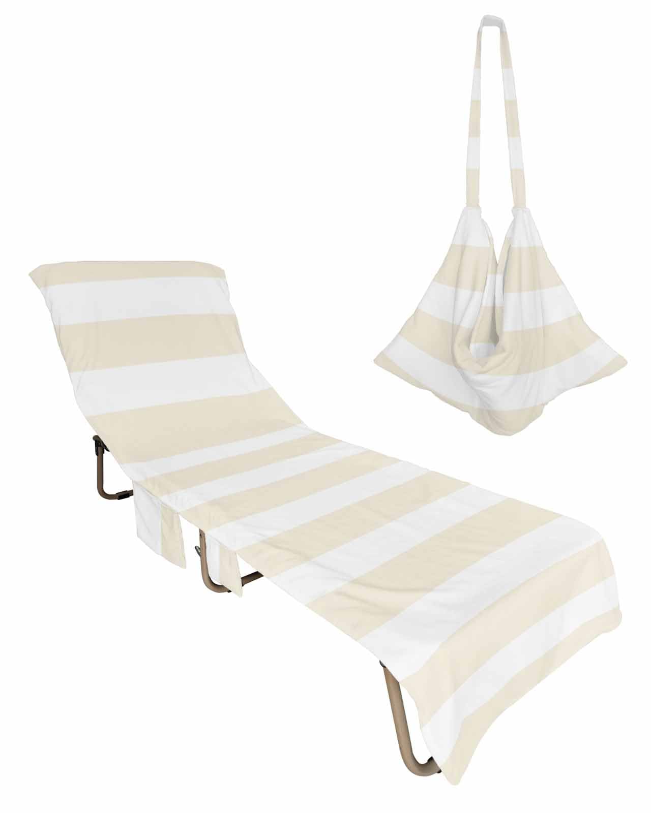 Beach Pool Patio Lounge Chaise Chair Cover Towel with Pockets,Cream Striped Absorbent & Quick Dry Microfiber Towel Cover Bag Summer Travel Accessories Geometric White Vertical Stripes Minimalist
