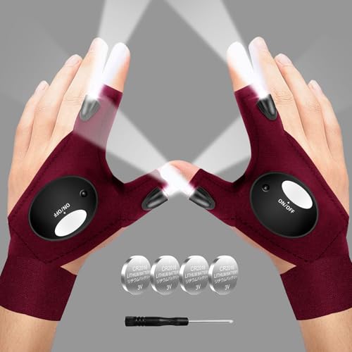 Image of MOIPEJO LED Flashlight Gloves, Gifts for Men Dad Him Boyfriend Husband, Cool Gadget Hands-Free Finger Lights for Camping Fishing Repairing, Fathers Day Christmas Birthday Gift-Wine Red