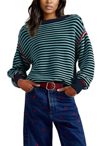 Women's Fall Casual Long Sleeve Sweaters Oversized Crewneck Striped Color Block Y2K Pullover Tops3