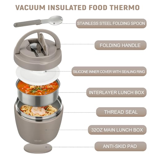 Image of wiwens Thermo Food Jar for Hot Food Adults 32OZ Soup Thermo Lunch Containers Wide Mouth Vacuum Insulated Stainless Steel Leakproof Bento Box with Spoon (Khaki)