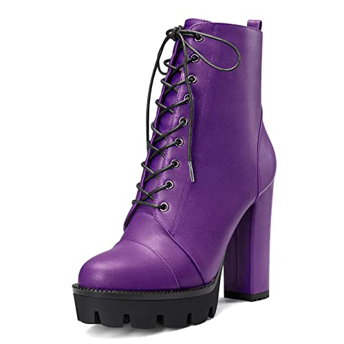 Castamere Women High Heel Platform Chunky Block Round Toe Ankle Boots Short Bootie Lace-up Zipper Boots