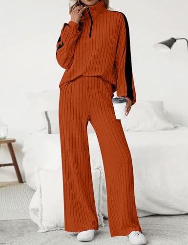 JUSTFASHIONNOW Womens 2 Piece Outfits Ribbed Knit Lounge Sets Cozy Half Zip Sweatsuit Sets Wide Leg Jogger Tracksuits3