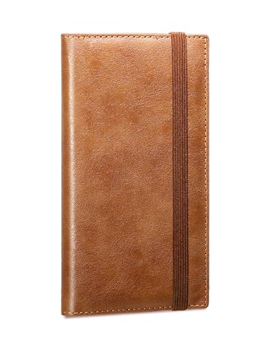Yarnic Checkbook Cover for Personal Checkbook, Checkbook Holder with Pen Holder & Built-in Clear Plastic Divider for Duplicate Checks (Light Brown)