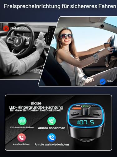 ORIA Bluetooth FM Transmitter Auto, Bluetooth 5.3 Adapter für Auto Radio, Rauschunterdrückung...
