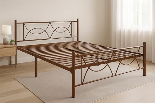 Image of Luno Metal Queen Size Bed Without Storage | Wrought Iron Double Bed with Headboard & Footboard | Sturdy Powder Coated Platform Bed Queen Size Cot for BedroomLivingRoom Brown (75x60)