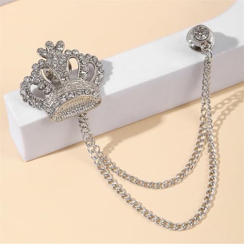 Image of coadipress Crown With Hanging Chain Brooch for Women Men Elegant Gentlemen Gold Silver Crystal Crown Lapel Pin Vintage Rhinestone Wedding Brooch Suit Shirt Pin Accessories