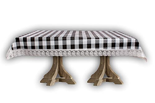 Image of The Furnishing Tree Waterproof PVC Rectangle Shaped 2 Seater Table Cover WxL 45x70 inches Gingham Pattern Black & White with White Border lace