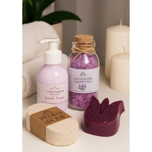 Kit SPA dos Pés Luxuoso, Escalda-Pés Terapêutico Lavanda, Sabonete Artesanal Floral, Loção Corporal, Pedra-Pomes Natural, Kit Presente Relaxante com 4 Peças