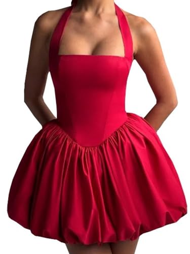 Image of Women's Y2K Sexy Halter Corset Mini Dress Backless Corset Bubble Ruched Waist Club Party Dresses